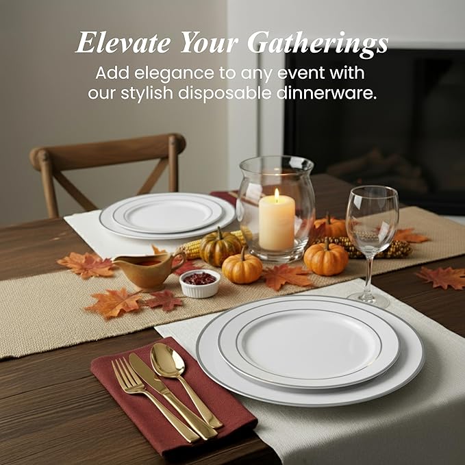 Aya's 100 Silver Rimmed Disposable Plates Set, Heavy Duty - 50 Dinner and 50 Dessert Plastic Plates for Party - Elegant White and Silver Design, Durable Tableware for Weddings, Events and Celebrations