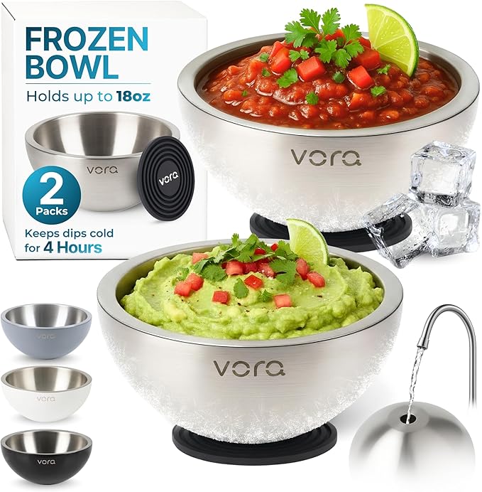 Vora 18oz Dip Chiller Bowl | 2 Pack Stainless Steel Chilled Dip Bowl for Dips, Guacamole, Hummus, Salsa | Insulated Serving Dishes with Easiest Water Fill & Refillable Chamber