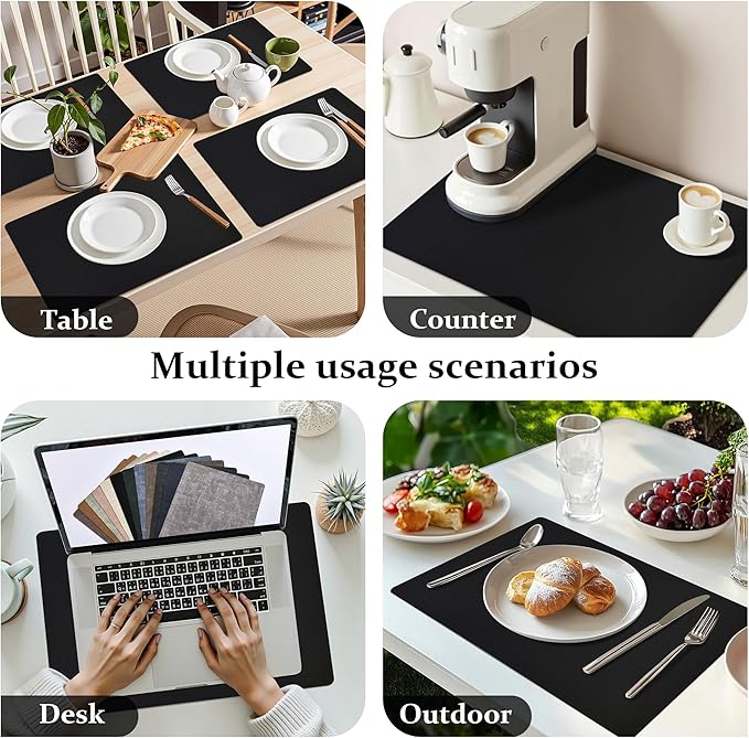 FROMHEART Faux Leather Placemats Set of 8–Waterproof,Heat/Oil Stain-Resistant PU Table Mat–Reversible,Non-Slip,Easy to Clean Place Mats for Kitchen,Dining,Indoor/Outdoor,(Black,11.8" x 17")