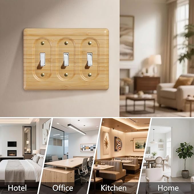 Triple Switch Plate Cover Solid Bamboo Wood for Rocker Light Switches Natural Stylish