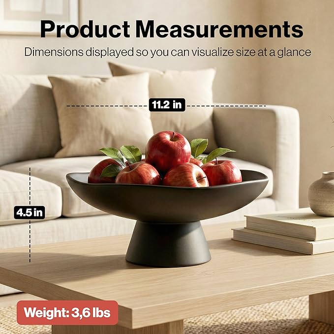 Modern Concrete Fruit Bowl for Kitchen Counter – Decorative Pedestal Bowl, 11.2” Wide Minimalist Fruit Tray for Home Décor, Table Decor, Entryway Key Bowl