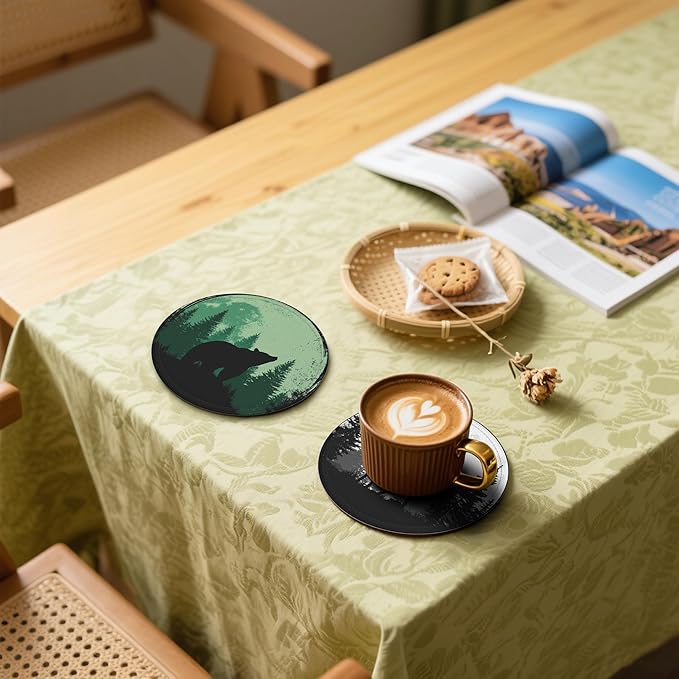 Deer Coasters Leather Round Drink Coasters 6 Pcs Set with Holderor for Cup Drink Coffee Table Bar Home Decor