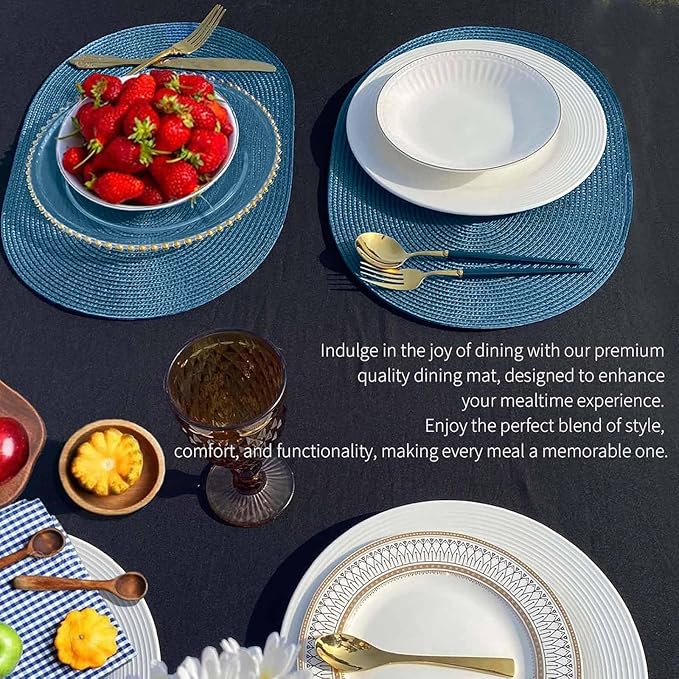 FunWheat Oval Braided Placemats Set of 6 Table Mats for Dining Tables Washable Heat Resistant Place mats for Daily Use12 x18 Inch (Oval Blue, 6pcs)