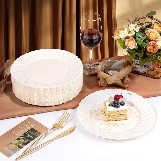 U-QE 100 Count 9 Inch Ivory Plastic Plates for Valentine's Day - Scalloped Disposable Dinner Plates - Premium Hard Fancy Disposable Heavy Duty Party Supplies for Celebrations, and Events