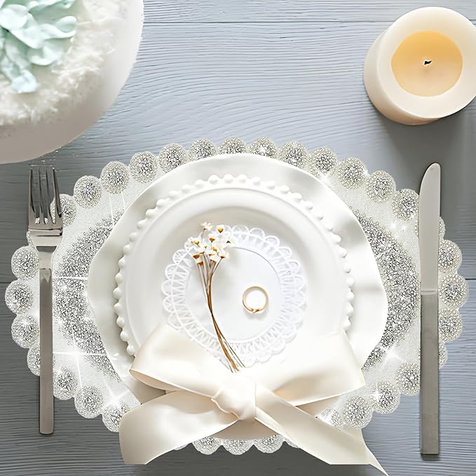 Sparkling Silver Diamond Placemats Bling Oval Place Mat Heat Elegant Table Decor for Weddings, Holidays, and Special Events (15x9 Inch)-6 PCS