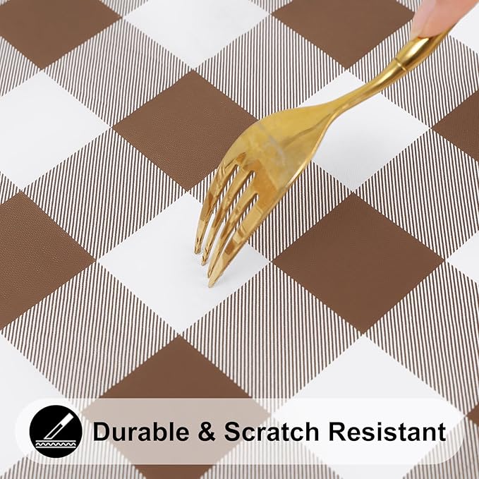 Smiry Rectangle Picnic Table Cloth, Elastic Waterproof Fitted Vinyl Tablecloths, Flannel Backed Buffalo Plaid Table Covers for Dining, Camping, Outdoor (White and Brown, 30" x 96")