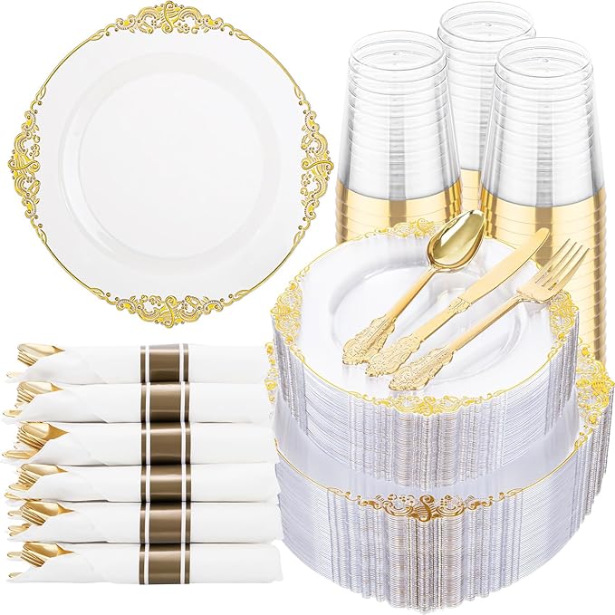 Hioasis 350pcs Clear and Gold Plates - Clear Party Plates for 50 Guest, Include 100 Heavy-duty Plates(20% Thicker Than Standard), 50 Pre Rolled Gold Plastic Silverware Set, 50 Cups