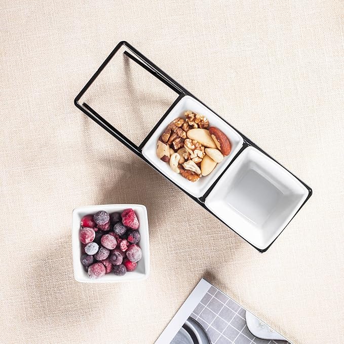 UNICASA Square Ramekin Bowls 10 oz, Condiment Serving Tray with Metal Rack Stand - Chips and Dips Snack Tray for Party - White Side Dish for Appetizer, Fruit, Nuts, Ice Cream, Candy