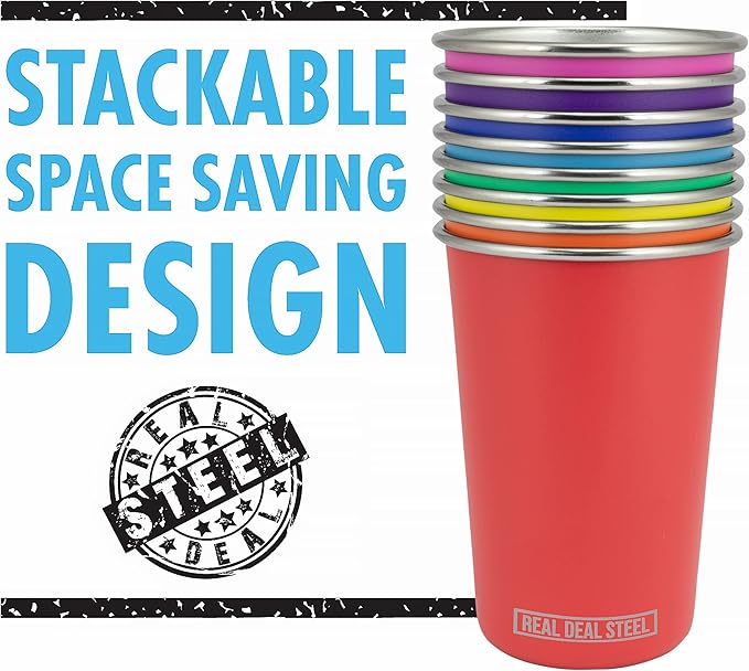 Real Deal Steel Rainbow Cups 16 oz Pint Cups, Stackable Tumblerrs, Eco Friendly Premium Metal Drinking Glasses