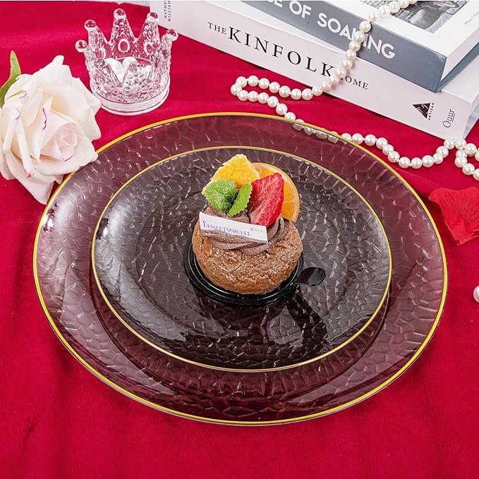 Hioasis 60pcs Black Plastic Plates - Gold Rimmed Disposable, Hammered, Heavy-duty Dinnerware Set Suitable for 30 Guests, 10.25" Dinner & 7.5" Dessert Plates for Party & Wedding