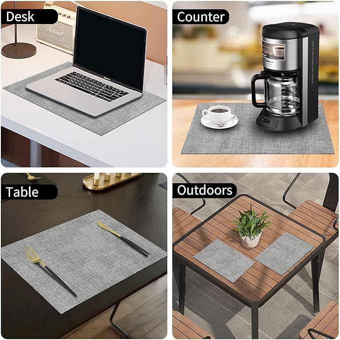 homing Faux Leather Heat Resistant Placemats 8 Packs, Waterproof Wipeable Dining PU Place Mats for Indoor & Outdoor, Easy to Clean, Light Grey