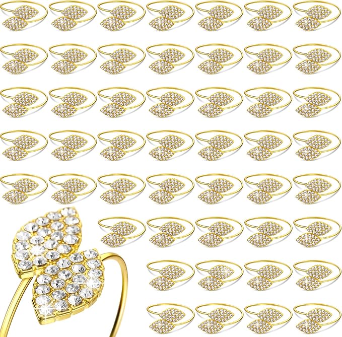 Hotop 100 Pcs Valentine's Day Napkin Rings Gold Table Decorations, Elegant Bling Leaves Napkin Rings, Rhinestone Guest Towels Buckle for Holiday Gather Party, Wedding Dinner Banquet Table Decoration