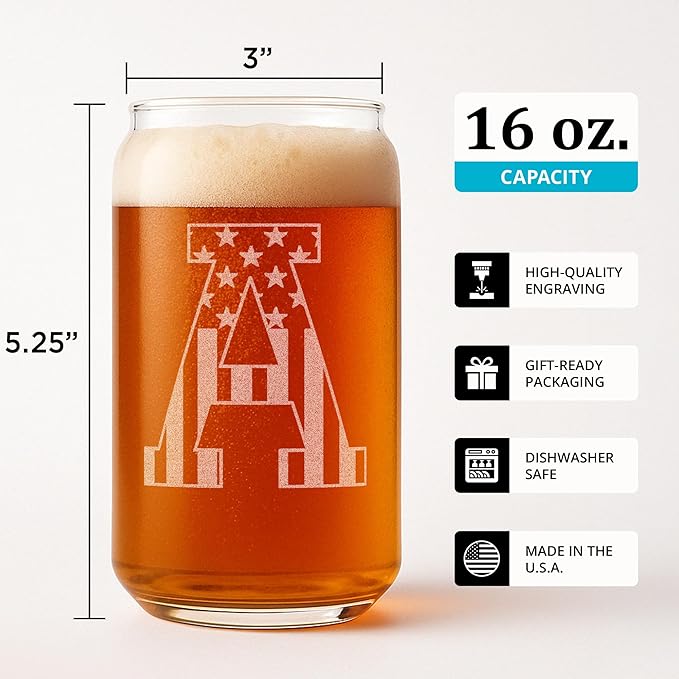 Monogram Beer Glasses for Men (A-Z) 16 oz - Beer Gifts for Men Brother Son Dad Neighbor - Unique Gifts for Him - Personalized Drinking Gift Beer Glass Mugs - Engraved Beer Can Glass (A)