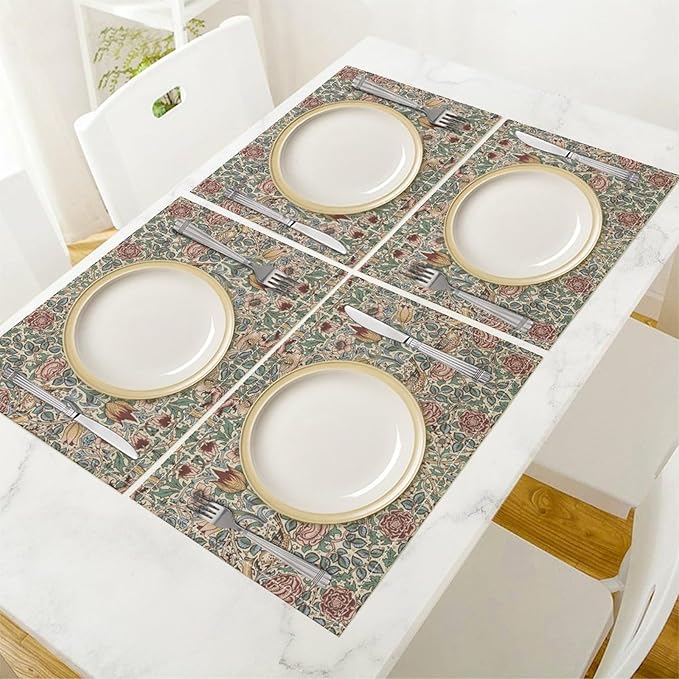 William Morris Placemat Set, Beige Blue Pink Vintage Rustic Art Exotic Ethnic Floral Bird Seamless Pattern Home Decor Linen Table Mats for Dining Room Kitchen Party (17x12in) x6P