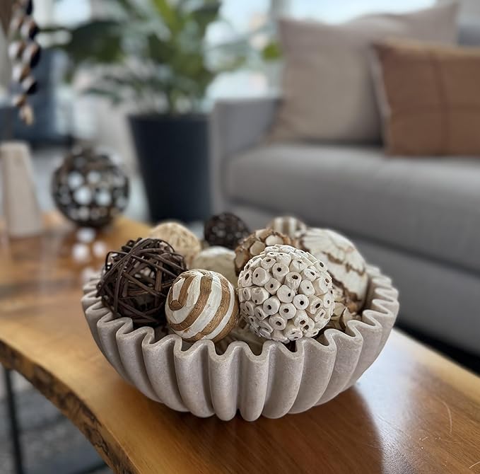 12" Extra Large Decorative Bowl – Decorative Fruit Bowl for Kitchen Counter, Modern Handmade Bowls for Home Decor, Ruffle Decor, Stylish Key Bowl for Entryway Table, Beige Artificial Stone