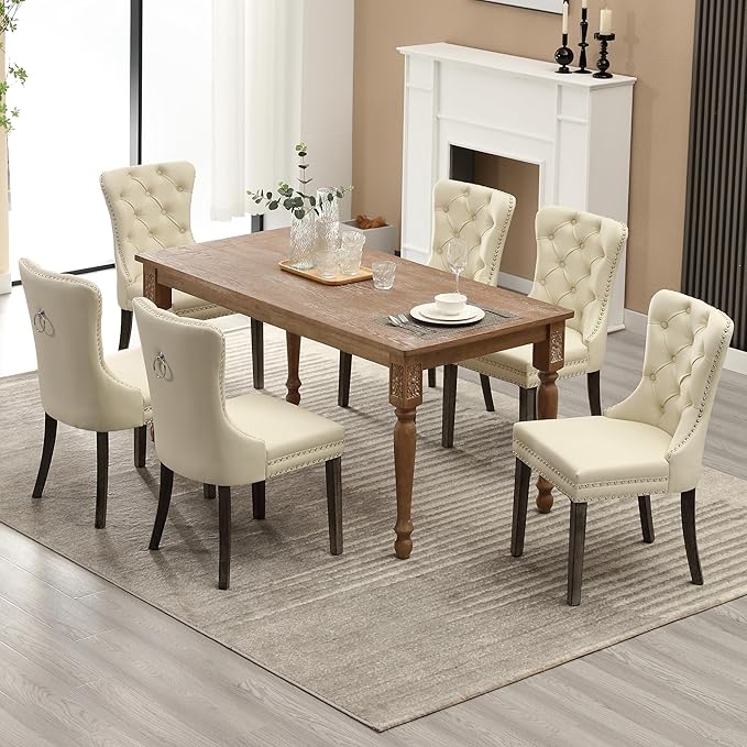 KCC Faux Leather Dining Chairs Set of 6, Upholstered High-end Tufted Dining Room Chair with Nailhead Back Ring Pull Trim Solid Wood Legs, Contemporary Nikki Collection Modern Style for Kitchen, Beige