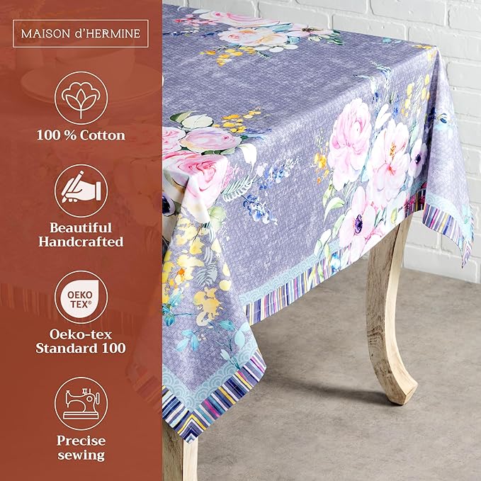 Maison d' Hermine Table Cloth Square Table 100% Cotton 60 x 60 Inches Tablecloth Reusable Decorative for Dining Room Farmhouse Home Valentines Day Decorations Spring Summer- Sweet Rose Lavender - Lush