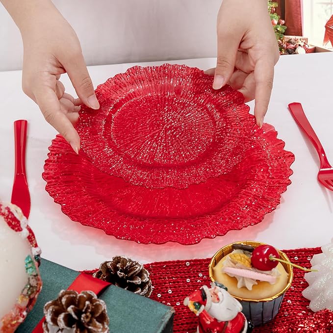 U-QE 60PCS Clear and Red Plastic Plates - Reef Plastic Plates Disposable&Reusable - Clear Red Plates Including 30 Plastic Dinner Plates 10" & 30 Plastic Dessert Plates 7" Perfect for Valentine's Day