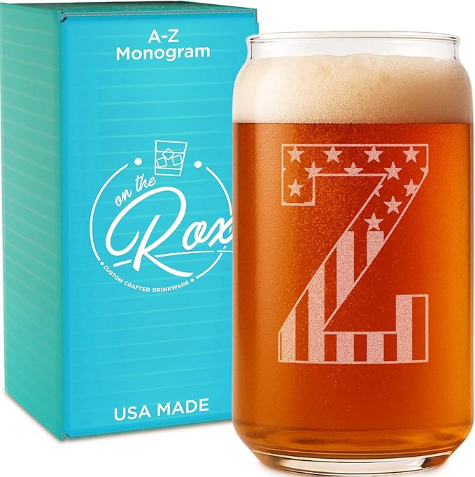 Monogram Beer Glasses for Men (A-Z) 16 oz - Beer Gifts for Men Brother Son Dad Neighbor - Unique Gifts for Him - Personalized Drinking Gift Beer Glass Mugs - Engraved Beer Can Glass (Z)