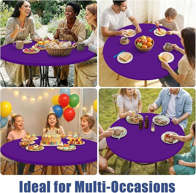 Round Spandex Tablecloth, Elastic Fitted Waterproof Tablecloths for 42"-50" Tables, Stretch Washable Picnic Table Cover for Camping, Dining, Indoor and Outdoor, Purple