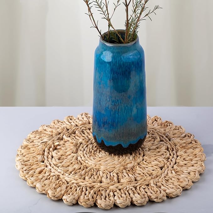 13.8" Corn Husk Woven Round Placemats Set of 8 - Wicker Boho Farmhouse Placemats - Rattan Table Mats Like Water Hyacinth for Dining Table, Wedding, Home