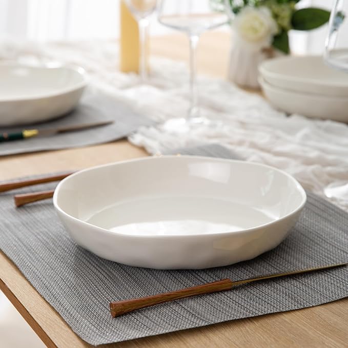 LERATIO 9.75 "Ceramic Flat Pasta Bowls, Wavy Rim 38oz Large Bowls Set of 4 for Kitchen,Modern Porcelain Stoneware pasta bowls,Dishwasher & Microwave & Oven Safe Bowls with for Pasta-White