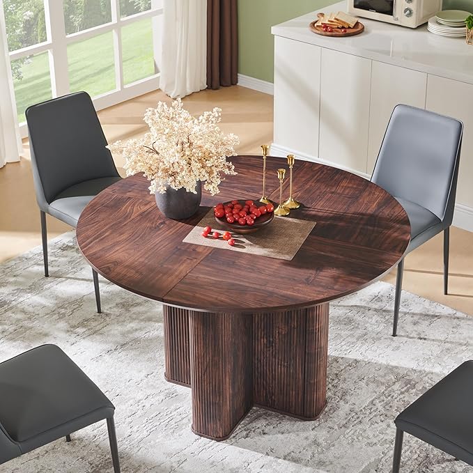 T4TREAM 47" Fluted Round Dining Table for 4-6, Mid-Century Modern Kitchen Table with Thickened Edge & Sturdy Pedestal Base for Kitchen Living Room,Dark Walnut(Table Only)