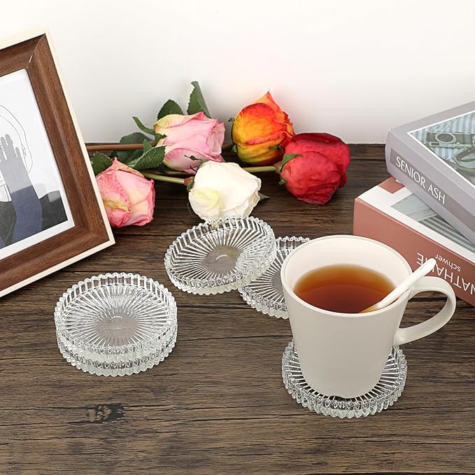 JUXYES 8 Pack Clear Crystal Coasters Round Cup Mat, Glass Coasters for Drinks Coffee Tea Wine, Decorative Wine Bottle Coaster, Crystal Drink Coasters for Restaurant bar Kitchen Dining Table