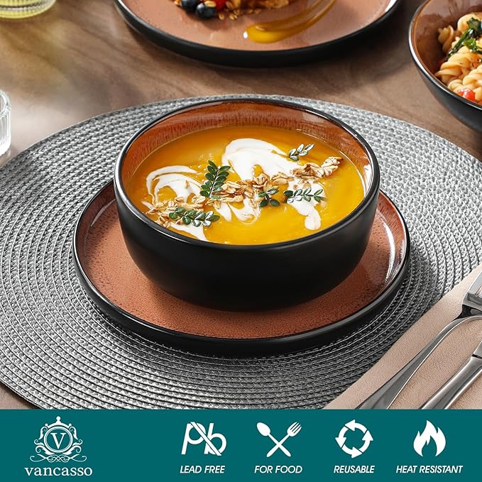 vancasso Plates and Bowls Sets, 18 Pieces Stoneware Dinnerware Sets for 6, Kitchen Dish Set Mircowave and Dishwasher Safe Ceramic Dishware, Dark Brown, Series AMBER