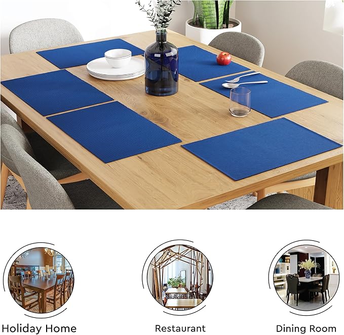 Encasa XO Dining Placemat Set of 6 | Solid Blue Color | Fine Ribbed Cotton Table mat | Size 19x13 in | Machine Washable