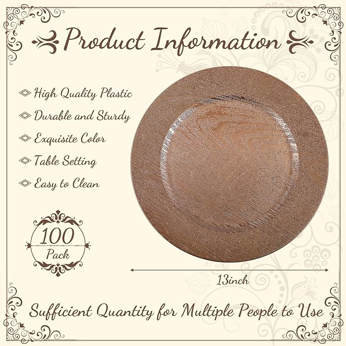 Mifoci 100 Pcs Faux Wooden Charger Plates 13 Inch Round Rustic Plastic Plates Antique Design Bulk Decorative Chargers for Dinner Tray for Wedding Dinner Table Farmhouse Party Event (Brown)