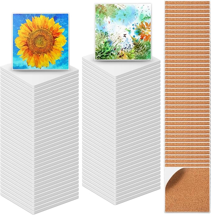 Zopeal 96 Pcs Ceramic Tiles for Crafts Coasters Include Unglazed White Ceramic Tiles with Cork Backing Pads Use with Alcohol Ink Acrylic Pouring for DIY Project Gift (Square)