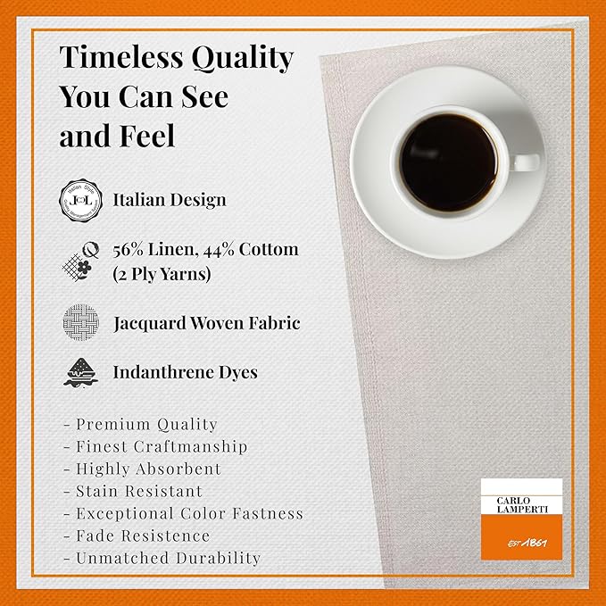 Premium European Cloth Table Linen Placemats - 56% Cotton 44% Linen Fabric, Jacquard Woven Design - for Occasions or Daily Use - Machine Washable - Carlo Lamperti Italy - Natural, 20"x14" (Set of 4)
