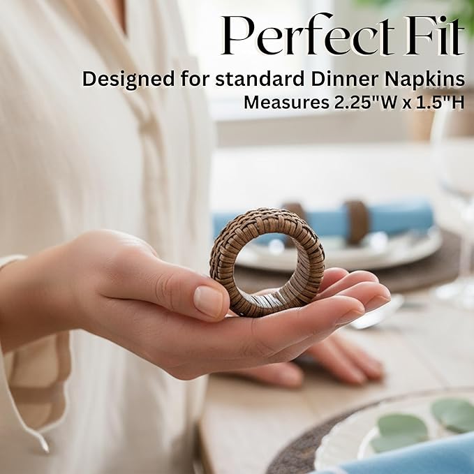 CLEENTABLE Decorative Jute Napkin Ring, Cane Napkin Rings Set of 12 - Hand Woven Napkin Holders for Farmhouse, Rustic, Holiday, Wedding, Easter, Thanksgiving, Xmas, Boho & Fall Table Décor (Walnut)
