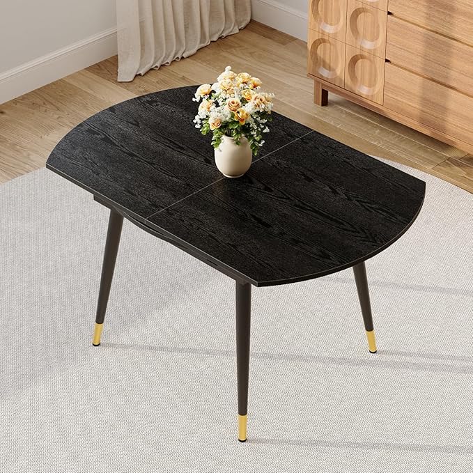 Extendable Dining Room Table｜53” Round Dining Table for 4-6｜Black Wooden Tabletop with Metal Legs｜Stable and Sturdy｜Easy Transform｜Easy Assembly｜Space Saving｜for Kitchen, Living Room