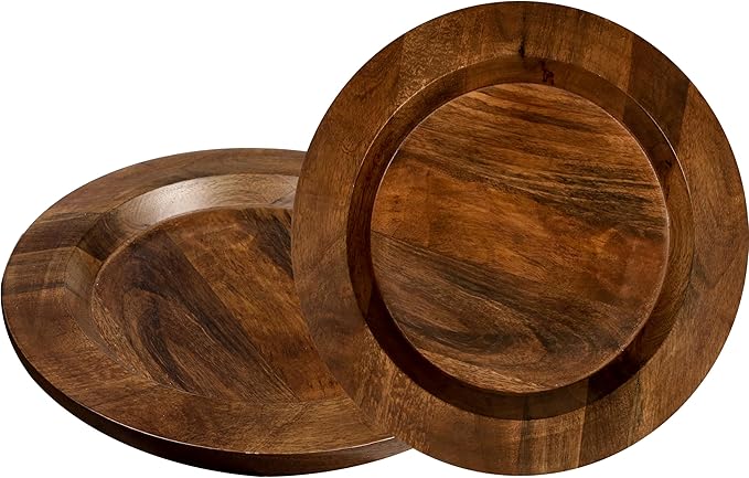 Alpha Living Home Mango Wooden Plates Set of 2-13” Round Rustic Farmhouse Chargers for Dinner & Charger Plates, Handcrafted Tableware for Charcuterie, BBQ, Farmhouse Dining, or Gift (Walnut)