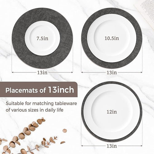 13" Round Placemats Set of 12, Reversible Faux Leather Heat Resistant Table Mats, 100% Waterproof Oilproof Wipeable Table Protective Placemats for Vinyl, Washable for Indoor (12, Deep Gray)