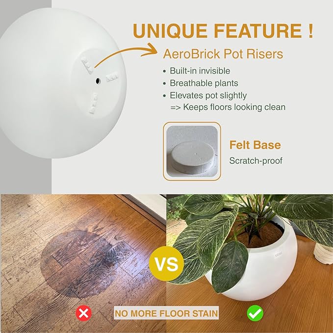 7.7" H x 22" D Round Bowl Fiberstone Planter for Succulent and Lotus with Drainage Hole, Smooth Finishes, Weather Resistant, Included 2 Extra Coco Mats (White, 19.9" Pot Opening)