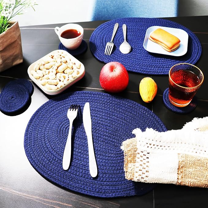 Braided Placemats Set of 4 Cotton Fabric Oval Table Mats Non Slip Washable 16 * 12 inch Oval Place Mats, 4 Pack Blue Rope Woven Placemats