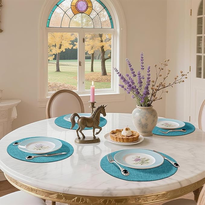 homing 15 Inch Round Cloth Placemats Set of 4, Cotton Linen Blend Washable Table Mats, Farmhouse Dining Place Mats for Indoors & Outdoors, Easy to Clean, Teal