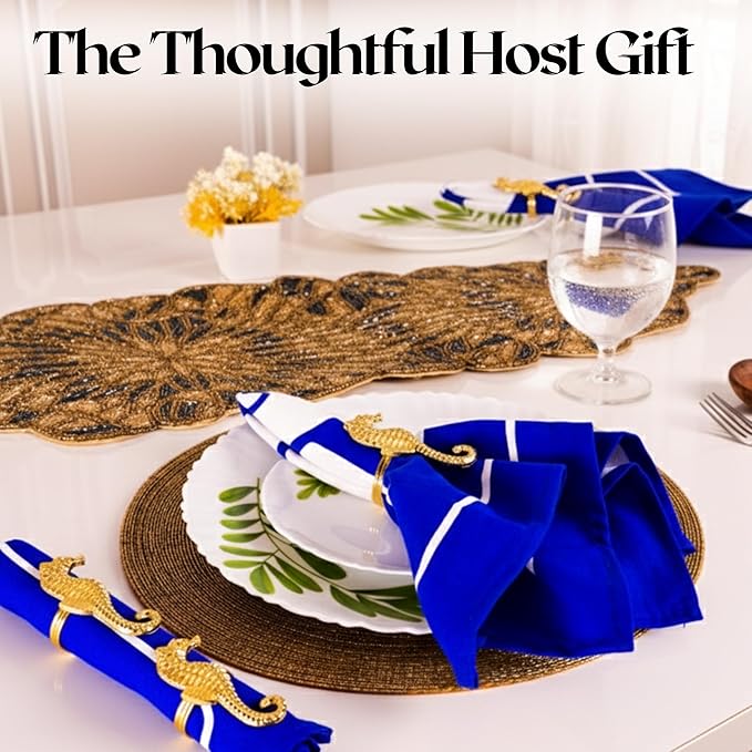 Seahorse Napkin Rings Set of 12, Metal Napkin Holders, Serviette Rings for Coastal, Nautical, Beach, Ocean Theme Table Decor, Wedding Decorations, Summer Party (Gold) - ALPHA Living HOME