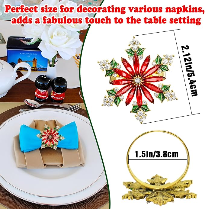 ZeeDix Christmas Crystal Snowflake Napkin Rings Set of 6- Rustic Dinner Tables Setting Decoration for Wedding Receptions, Christmas Holiday Party Dinner Parties