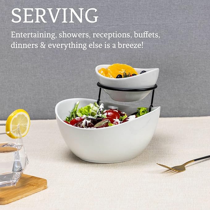 UNICASA Serving Bowls Set, 2 Tier Chip and Dip Bowls with Metal Rack Stand for Fruit, Salad, Candy, Snacks - Ceramic Tiered Appetizer Serving Dishes Food Display Stand for Parties, Kitchen