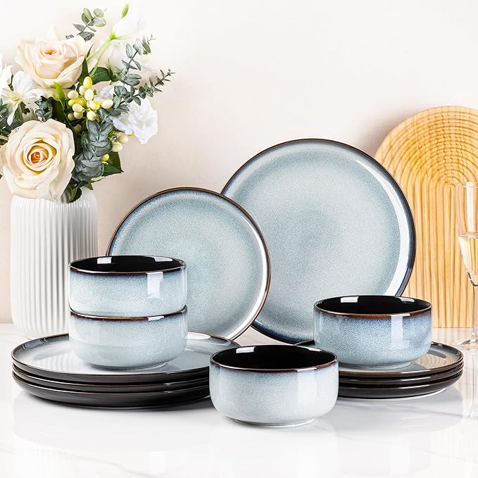 LeRATIO Ceramic Dinnerware Set of 4, Poreclain Plates, Bowls, Handmade Reactive Glaze Dishes, Chip Resistant, Oven & Dishwasher Safe, Service for 4-Gray White