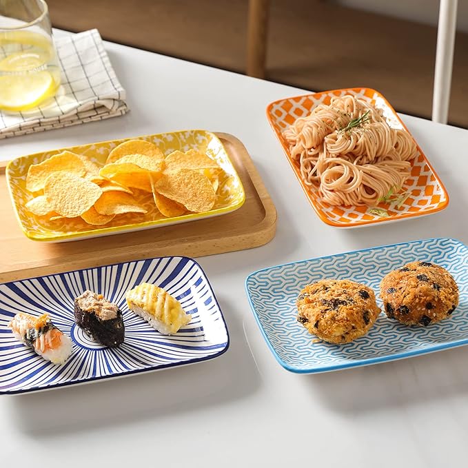 Selamica Ceramic 9.5 Inch Large Rectangular Salad Plates, Dinner Plates, Pasta Dessert Plates Serving Platters and Trays for Appetizer, Sushi, Fruit, Set of 6, Assorted Colors
