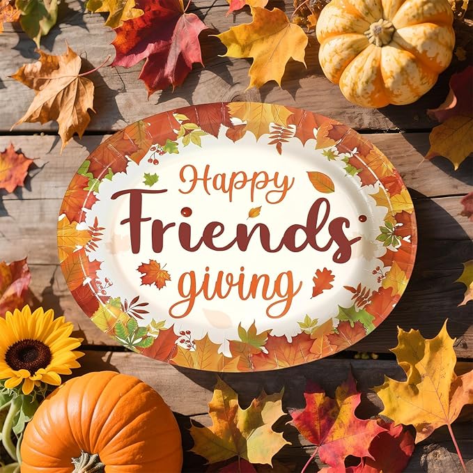50Pcs Fall Oval Paper Plates 10" x 12" Large Disposable Heavy Duty Friendsgiving Maple Leaf Paper Platters Autumn Give Thanks Dessert Plates for Friendsgiving Thanksgiving Harvest Party Supplies