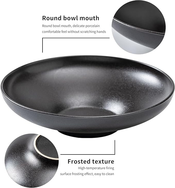 Ceramic Serving Bowls with Wooden Spoons Set of 2, Large Serving Bowl for Dinner Salad Soup Pasta Dessert Fish Fruit Chicken Bread, Oven Dishwasher Safe, 50oz Bowl for Entertaining, 9.75" Pure Black