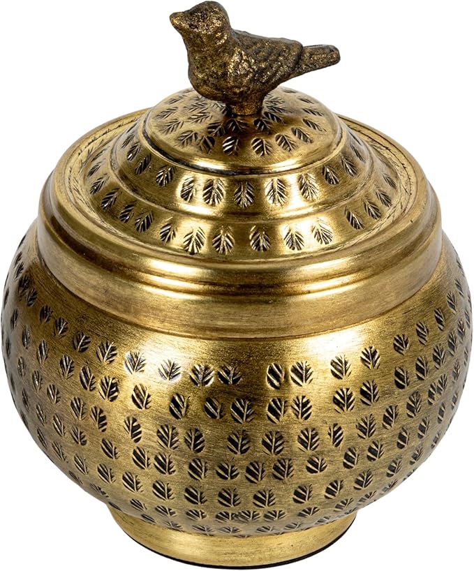 Round Hammered Metal Container with Bird Finial, Brass Finish