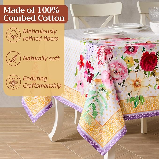 Maison d' Hermine Premium Table Cloth Rectangle Table 100% Combed Cotton 90 x 70 Inches Tablecloth Reusable Decorative for Dining Room, Farmhouse, Home, Party, Festive & Wedding - Summer Joy