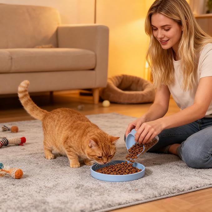 Silicone Cat Bowl Set of 2 Shallow Cat Dishes Small Non-Slip Pet Dog Bowls for Dry & Wet Food, Whisker Fatigue (Round Blue)